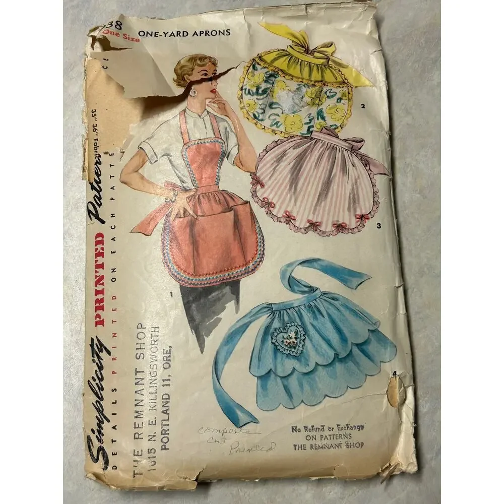 Vintage‎ 1950's Simplicity Pattern #4938 One Yard Aprons One Size
